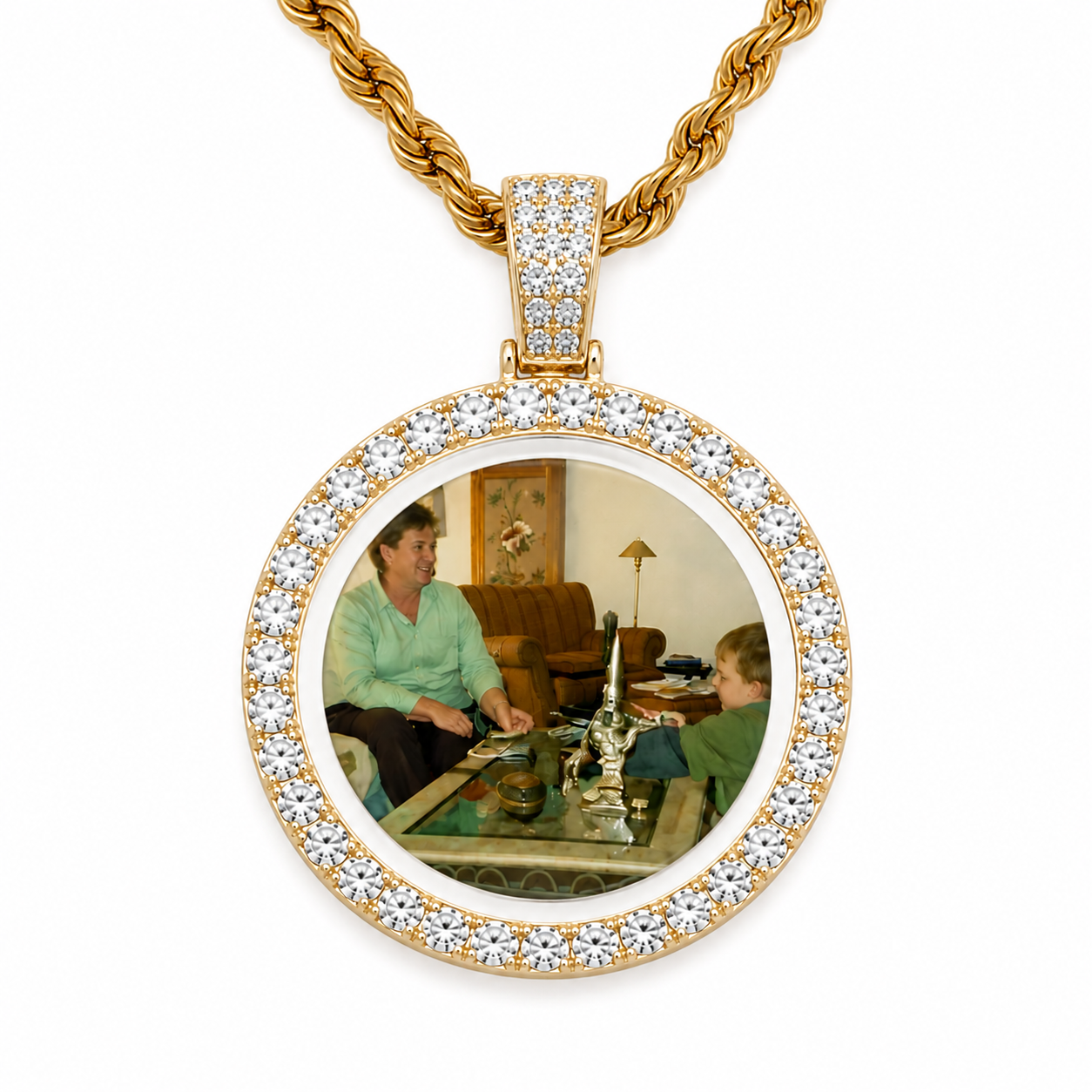 Double-Sided Diamond Circle Photo Pendant