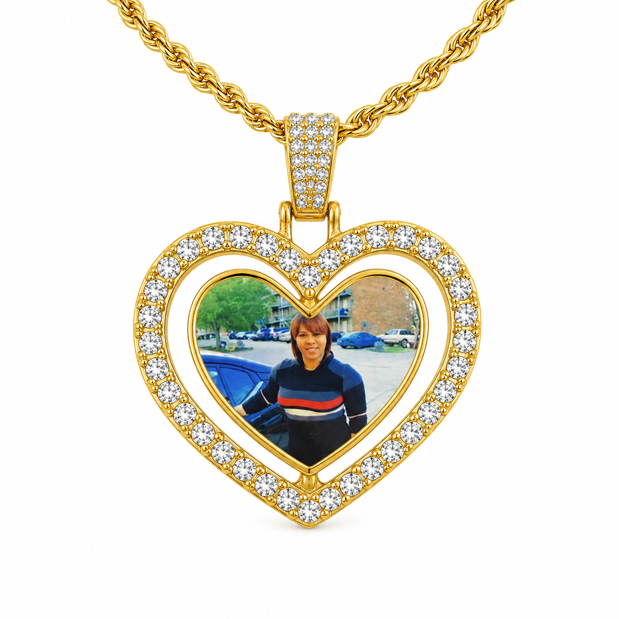 Double-Sided Diamond Heart Photo Pendant